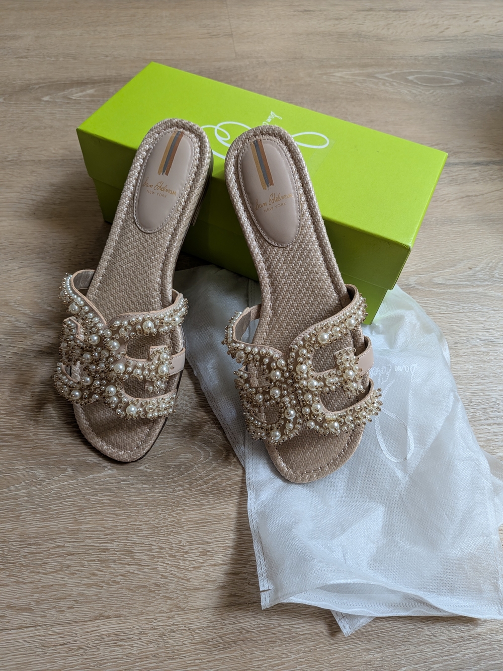 Sam Edelman Bay Perla Nappa Beaded Pearl Embellished Neutral Slide Sandals 11